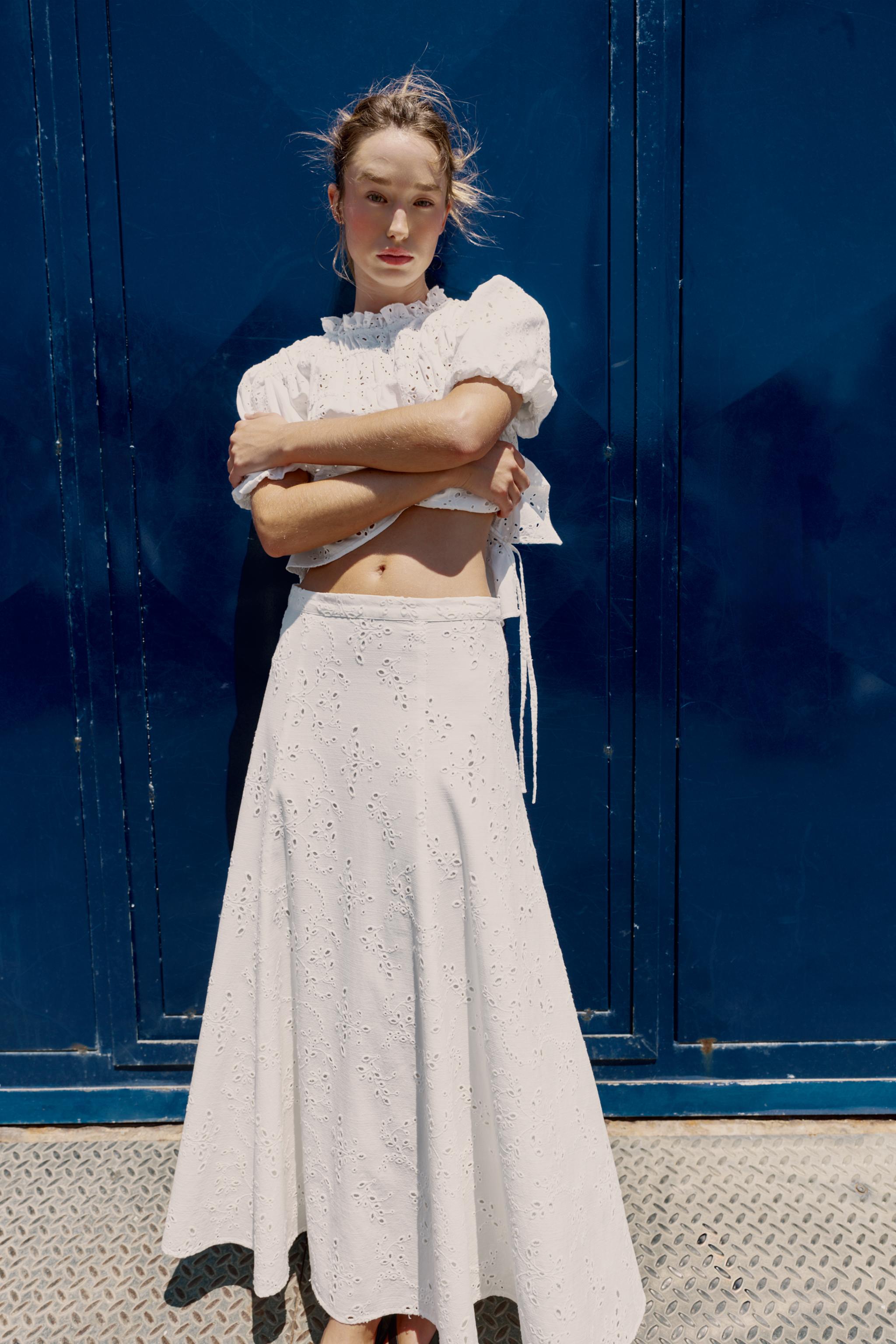 EMBROIDERED EYELET MIDI SKIRT
